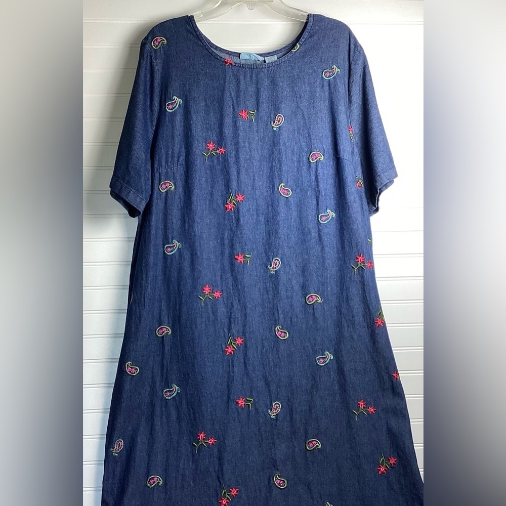 Capistrano Vintage Blue Denim Maxi Dress Short sleeve Embroidered size 1X